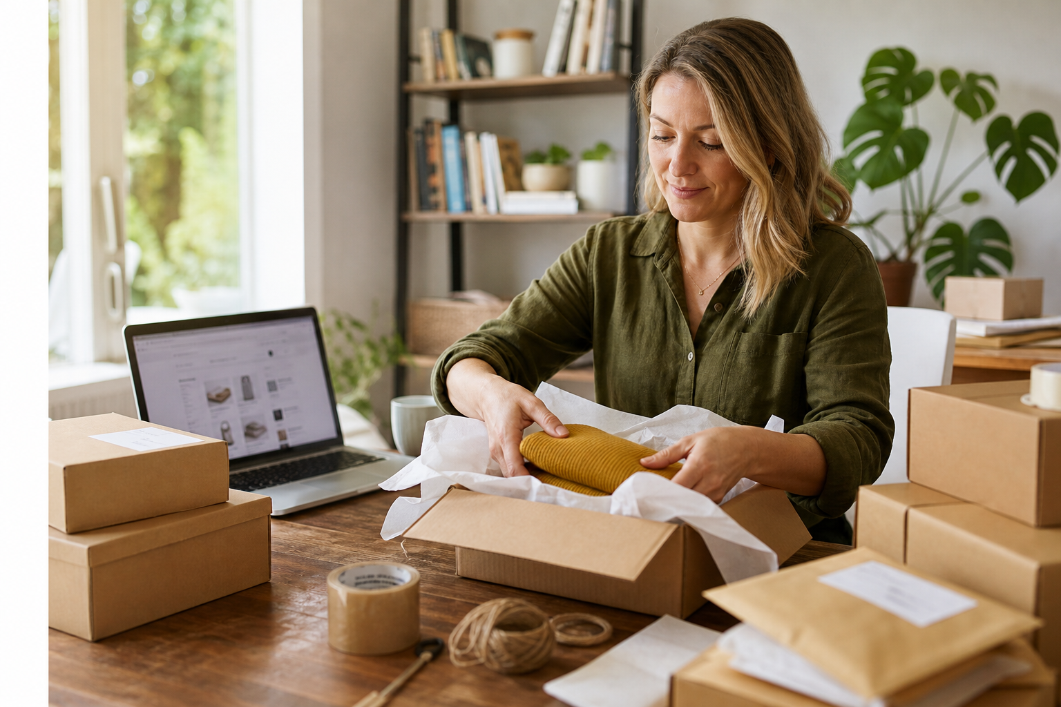 UK small business owner packing Shopify ecommerce orders at a home workspace
